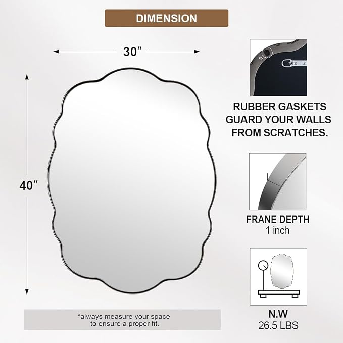 ANDY STAR Chrome Wavy Oval Bathroom Mirror - 30x40 Inch Polished Scalloped Bathroom Mirror, Unique Irregular Design with Heavy Duty SUS Metal Frame