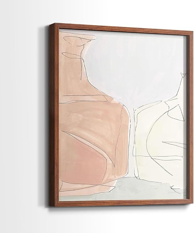 Renditions Gallery Set of 2 Peel & Stick Framed Prints, Neutral Abstract Wall Art, Soft Tones Delicate Linework Wall Decor, Re-Stickable - Ready to Hang - 11"x14" - Walnut Frame LT588