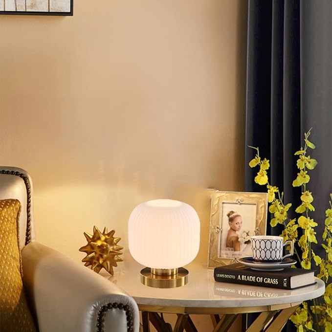 mid Century Modern Table lamp Gold Desk lamp White Ribbed Glass Shade Globe Table lamp nightstand lamp Small Table lamp for Bedside end Table Bedroom Living Room Office