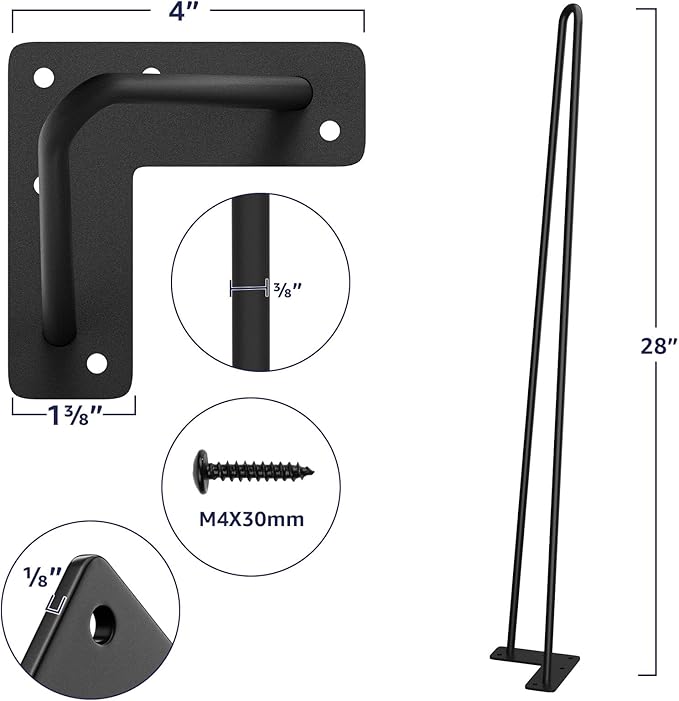 SMARTSTANDARD Hairpin Table Legs 28 Inch, 3/8" Solid Metal Legs for DIY Bench Desk Chairs Dining End Table - Set of 4, Carbon Steel Black Heavy Duty Furniture Legs with Rubber Floor Protectors