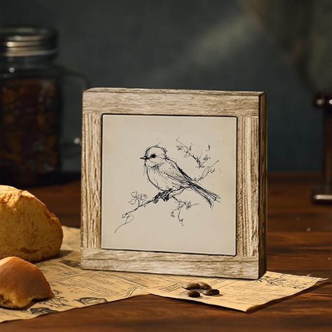 Minimalist Bird Sketch Wooden Desktop Sign, Vintage Line Drawing Bird Wood Plaque Tabletop Decor, Rustic Farmhouse Nature Wooden Sign for Home Office Shelf
