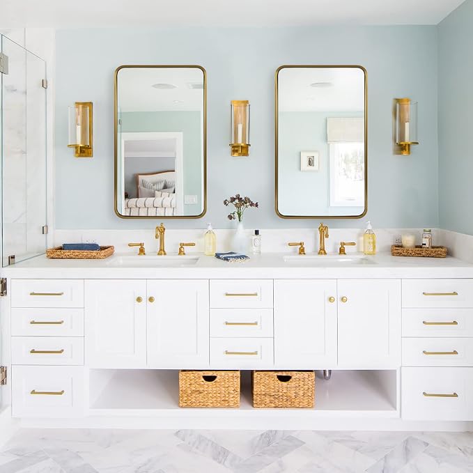 ANDY STAR 24x40 Inch Gold Bathroom Mirror, Rounded Rectangle Mirror, Brushed Brass Bathroom Vanity Mirror Oblong Tube Metal Framed, SUS304-Anti-Rust, Wall-Mounted Horizontal/Vertical 1’’ Deep