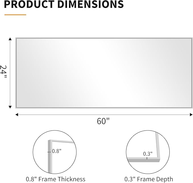 KOCUUY Large Silver Mirror, 60"x24" Rectangle Bathroom Mirror for Wall, HD Tempered Glass, Anti-Rust Frame, Modern Design for Bathroom, Bedroom, Living Room, Entryway