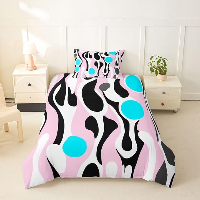 Erosebridal Mid Century Modern Abstract Duvet Cover Set Vintage Geometric Girl Toddler Bedding Set for Children Boys Contemporary Organic Shapes Comforter Cover Squiggle Blob Bed Sets,Light Pink Cyan