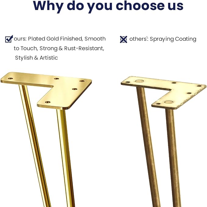 SMARTSTANDARD 8 Inch Hairpin Furniture Legs, 3/8'' Rods Metal Home DIY Projects for Nightstand, Coffee Table, Bed with Rubber Floor Protectors, Gold Set of 4PCS