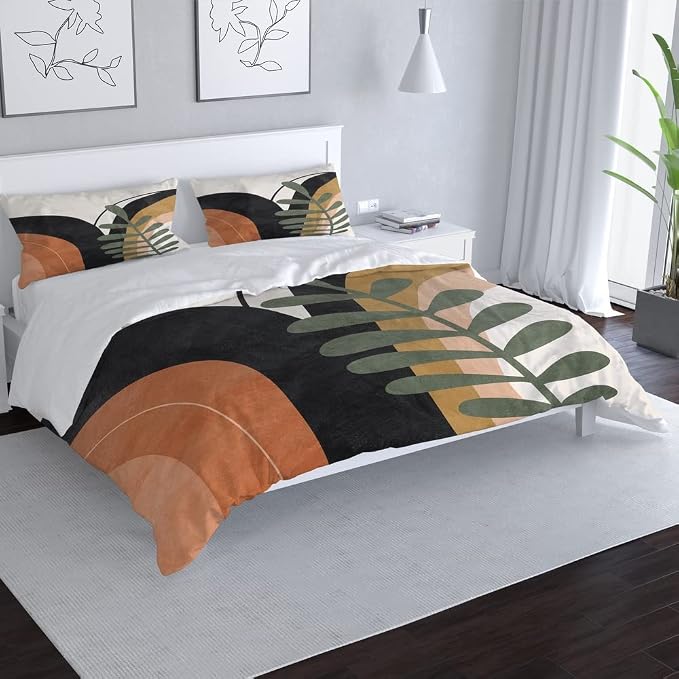 Bohemian Duvet Cover Set King Size Boho Abstract Mid Century Burn Orange Comforter Cover Minimalist Geometric Lightweight Soft Bedding Set 3 Pieces Breathable Bedding Set with 2 Pillowcase