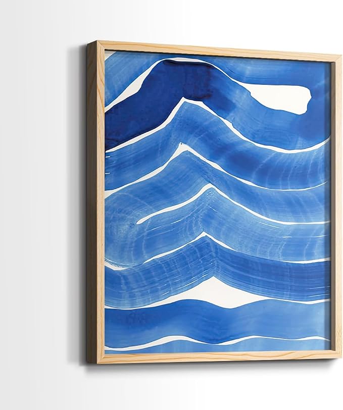 Renditions Gallery Set of 2 Peel & Stick Framed Prints, Watercolor Abstract Wall Art, Bold Brushstrokes in Shades of Blue Wall Decor, Re-Stickable - Ready to Hang - 22"x28" - NATURAL WOOD Frame LT588