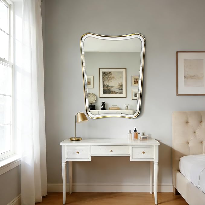 POZINO Bathroom Vanity Mirror, 22"x30" Brushed Gold Beveled Mirror in Premium Stainless Steel Frame, Antique Brass Irregular Shaped Mirrors for Living Room Bathroom Bedroom Hallway Entryway