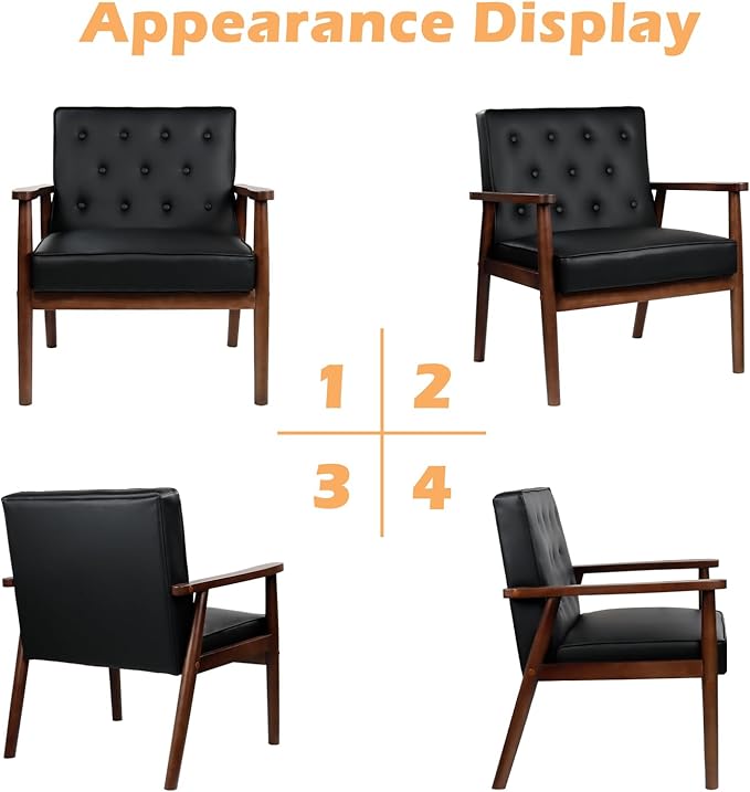 JIASTING Mid-Century Retro Modern Solid Wood Armrest Black Accent Chairs Set of 2, Faux Leather Arm Chairs for Living Room, Waiting Room Chairs (2, Black)