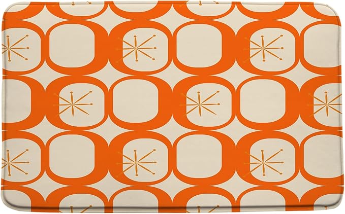Mid Century Modern Bath Mat Abstract Atomic Geometric Retro 1950s Orange Bathroom Kitchen Toilet Rugs,16x24 Inch