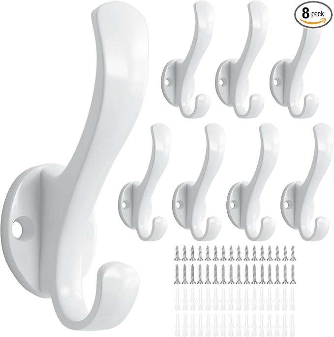Coat Hooks Heavy Duty - Easy to Install Metal Towel Hooks Fashionable Wall Hooks for Hanging Hat, Towel, Key, Robe, Scarf, Bag, Cap (8 PCS White)