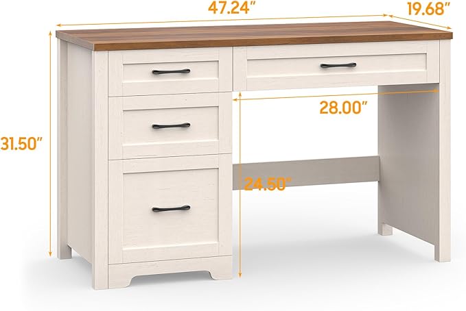 Vabches Farmhouse 47" Executive Desk with File Drawer, Wood Computer Desk with 3 Storage Drawers, Workstation for Home Office, Study, Writing.