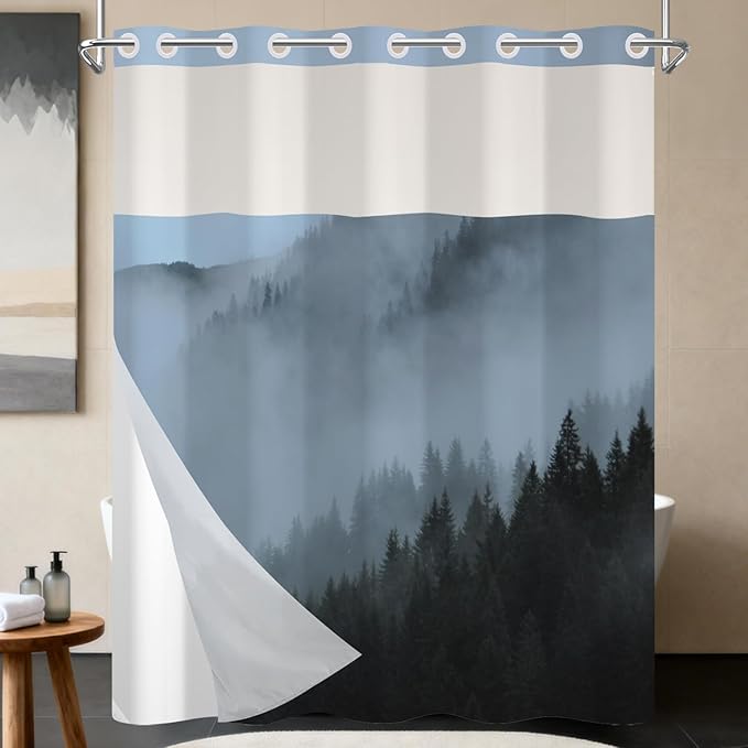 No Hook Forest Shower Curtain with Snap in Fabric Liner, Scenery Foggy Woodland Pattern, Blue Misty Forest Shower Curtains for Modern Bathroom, See Through Top Window, 71x74 Inch