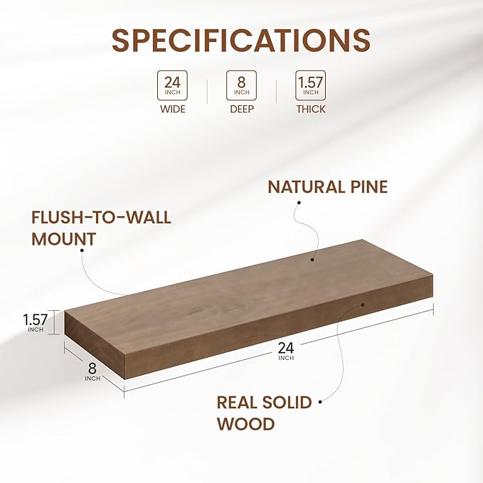 Heimlove 24 Inch Floating Shelves for Wall Walnut Shelves Set of 2,Wall Mounted Rustic Wood 8 Inch Deep Floating Shelf with Invisible Brackets for Bedroom Kitchen Living Room