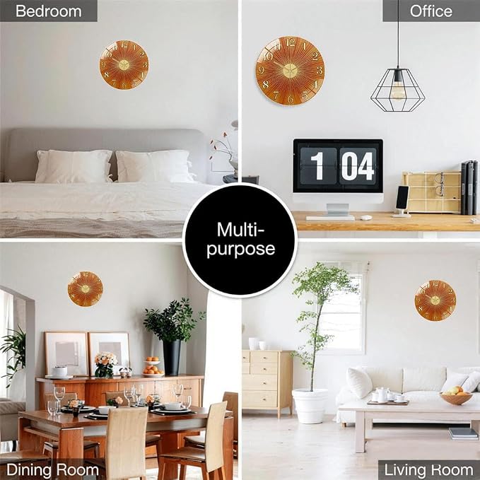 24 Inch Orange Sunburst Glass Wall Clock Silent Art Decor | Silent glossy clock with warm orange sunburst and gold numbers, accurately tracking time for your retro living room