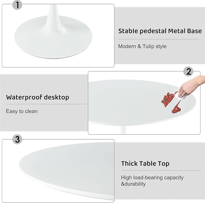 42 Inch White Round Dining Table for 4-6 Person,Modern White Tulip Table,Mid-Century Leisure Table Kitchen Dining Table with MDF Tabletop and Pedestal Base for Home Kitchen