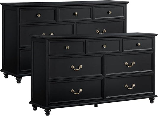 Farmhouse 7 Drawers Dresser Sets of 2 for Bedroom, Black 54 Inch Wide Chest of Drawers w/ 4 Wooden Legs, Large Vintage Rustic Closet Dressers for Living Room, Wood TV Stand
