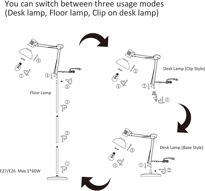 FIRVRE LED Floor Lamp with Remote Control, Dimmable Industrial Floor Light, 3 Usage Modes - Floors Lamp, Table Lamp and Clip Lamp,Pole Lamp for Living Room, Bedroom, Office (LED Bulb Included)
