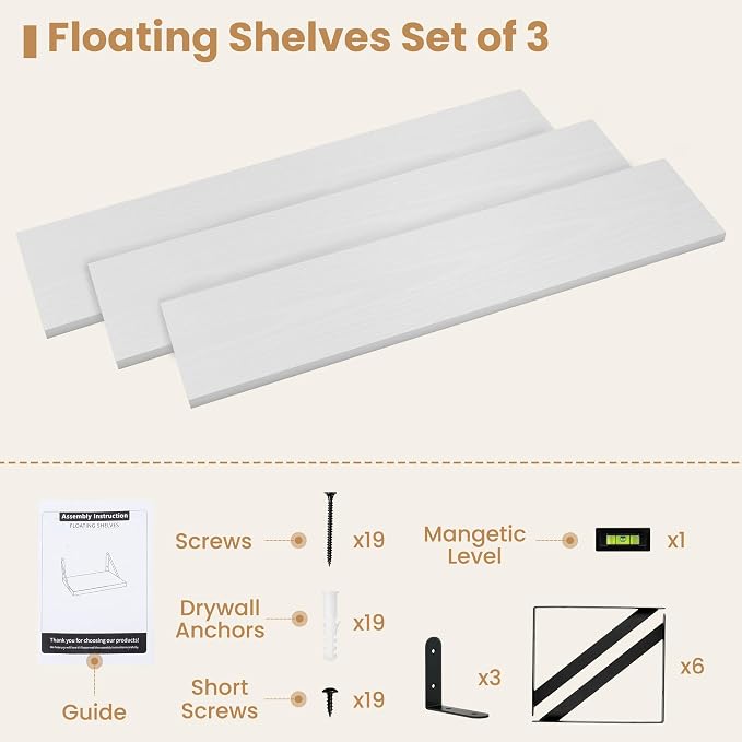 Heimlove Floating Book Shelves for Wall,35.4 Inches Long Wall Mounted Bookshelves,Heavy Duty Bracket Shelves for Living Room Kitchen,Laundry Room Storage & Decor,Set of 3,White