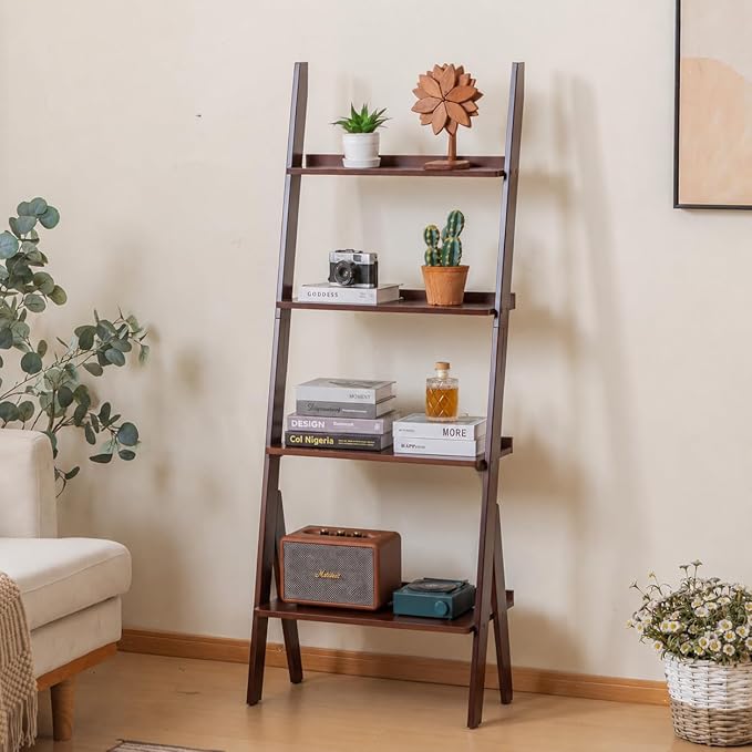 Maydear Bamboo Ladder Shelf Bookcase, 4-Tier Leaning Bookshelf Free Standing Organizer Storage Shelves for Living Room, Bedroom, Kitchen, Home Office, Balcony (Dark Walnut)