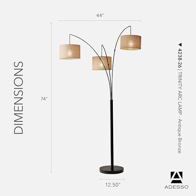 Adesso Arc Floor Lamp with 3 Movable Shades & Dimmable Brightness - Perfect Lighting for Bedroom, Living Room and Corner Decor, Antique Bronze