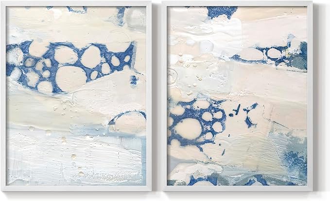 Renditions Gallery Set of 2 Peel & Stick Framed Prints, Textured Abstract Wall Art, Beach Themed Bubble Design Wall Decor, Re-Stickable - Ready to Hang - 8"x10" - White Frame LT588