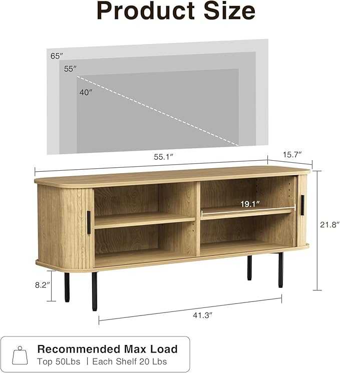 55''W Storage Cabinet, Fluted Sideboard Buffet Cabinet with Storage, Console Table Credenza with Tambour Slatted Sliding Doors and Shelves, Modern TV Stand for Living Room, Kitchen, Entryway, Natural