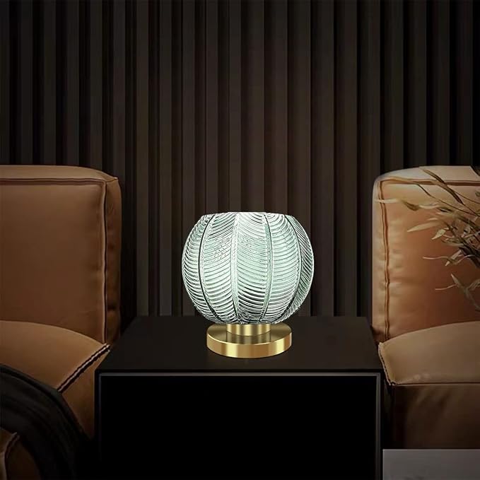 Gold Desk lamp Bedside Table Lamps Green Ribbed Glass Shade mid Century Modern lamp Globe Table lamp nightstand lamp Small Table lamp for Bedroom Living Room Office
