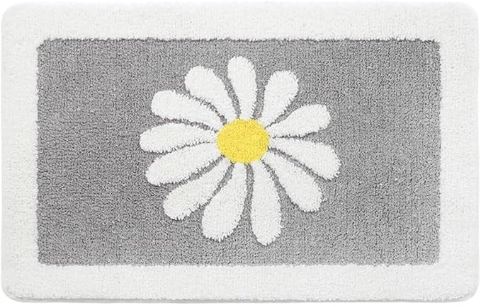 Hi Space Bathroom Rugs 31.5x19.7IN Grey Bath Mat for Bathroom Non Slip Machine Washable Soft Microfiber Absorbent Cute Daisy Floral Bath Rug Plush for Tub Shower Sink Fluffy Home Decor Accessories