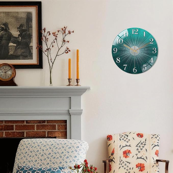 16 Inch Teal Sunburst Glass Wall Clock Silent Modern Art Decor | Silent glossy clock with an elegant teal sunburst and silver numbers, perfectly tracking time for your modern living room