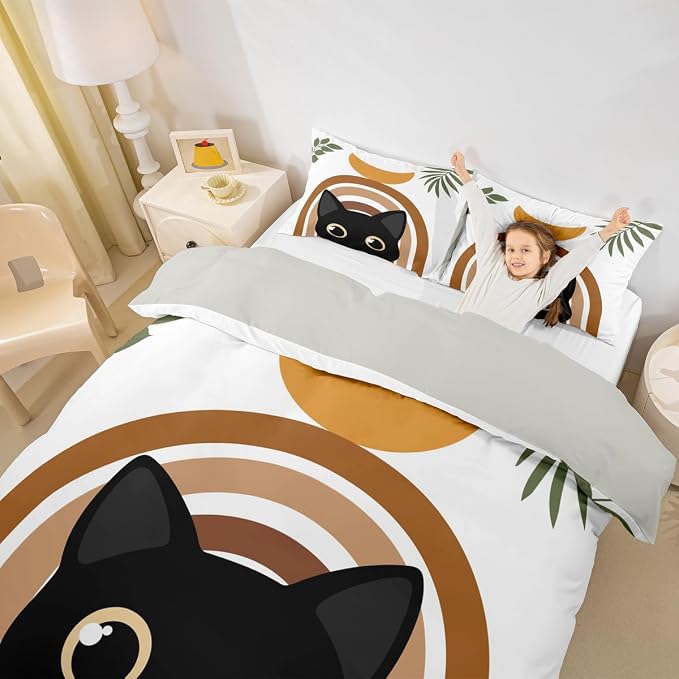 Erosebridal Cartoon Cat Bedding Set Twin Abstract Geometric Duvet Cover Boho Mid Century Comforter Cover for Kids Girls Boys Adults Modern Minimalism Animals Bed Set