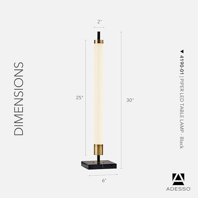 Adesso LED Table Lamp – Black with Antique Brass and Frosted Shade, 4-Way Brightness, 12W Integrated LED Accent Light for Living Room, Bedroom, and Home Office, 30” Tall