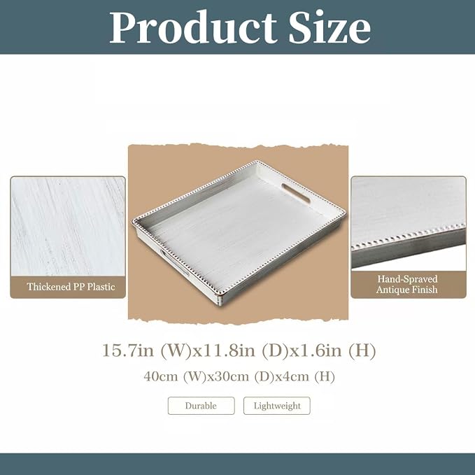 Decorative Tray, Rectangular Plastic Tray with Handles, Modern Vanity Tray and Serving Tray for Bathroom, Kitchen, Ottoman and Coffee Table, 15.6” x 10.2” (Retro White)