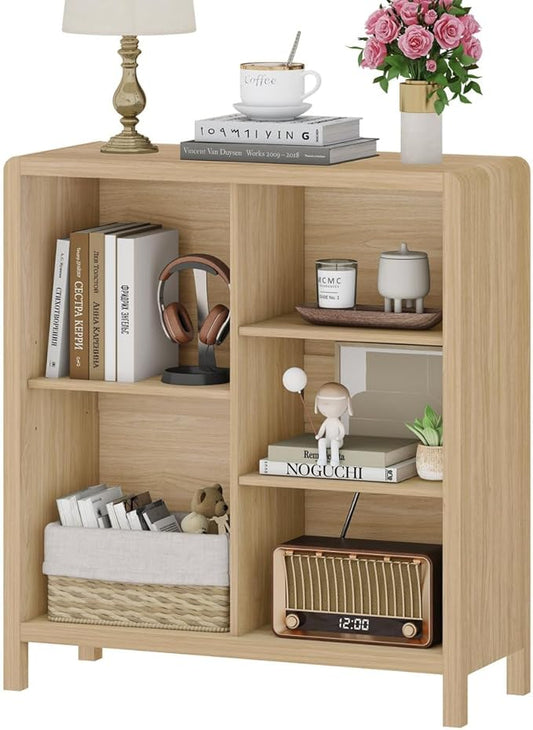 FATORRI 5 Cube Bookshelf, Wood Bookcase with 3 Adjustable Shelves, Modern Cube Storage Organizer Shelf for Home Office (Light Walnut)