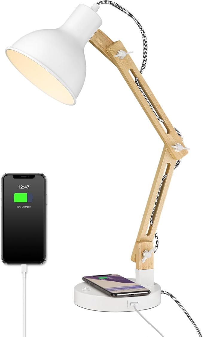 ELYONA Japandi White Desk Lamp with Wireless Charger, Solid Wood Table Lamp with USB C Charging Port, Swing Arm Reading Task Light with LED Bulb for College Dorm, Office, Living Room, Bedroom