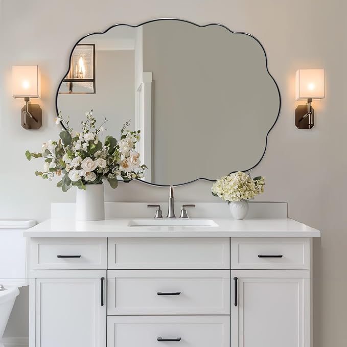 ANDY STAR Chrome Wavy Oval Bathroom Mirror - 26x38 Inch Polished Scalloped Bathroom Mirror, Unique Irregular Design with Heavy Duty SUS Metal Frame