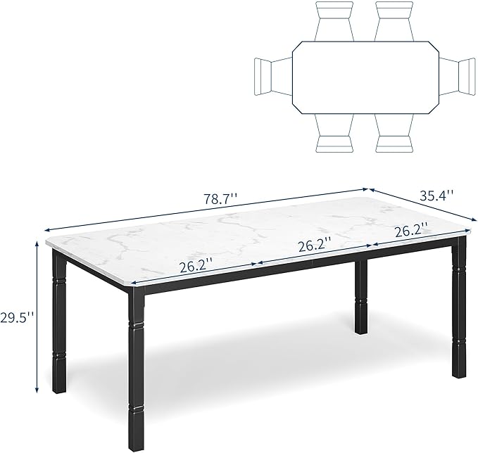 IDEALHOUSE 79" Dining Table for 6-8 People, Modern Rectangular Kitchen Table with Sturdy Metal Legs, Large Wood Farmhouse Dining Room Table for Home Office, Conference, Black & White