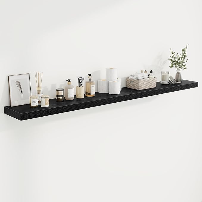 72in Floating Shelves for Wall, 72"W x 9.25"D x 1.5"H, Long Wall Mounted Engineered Wood Shelves with Invisible Brackets for Living Room, Bedroom, Bathroom, Kitchen Decor and Storage, Black