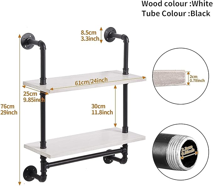 ROGMARS White Floating Shelves for Wall Bathroom 24 Inch,Industrial Pipe Shelving Wall Mounted Shelves with Towel Bar Hooks Coffee Bar Shelves Wine Hanging Display Rack Bookshelf Living Room Decor