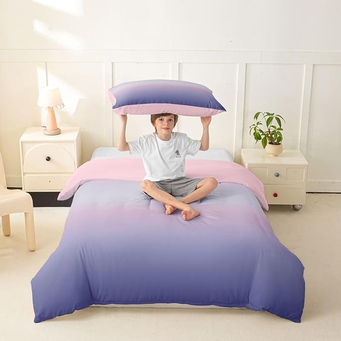 Erosebridal Pink and Purple Toddler Bedding Set Modern Ombre Duvet Cover for Kids Teens Abstract Rainbow Comforter Cover Watercolor Artwork Bed Set with Zipper