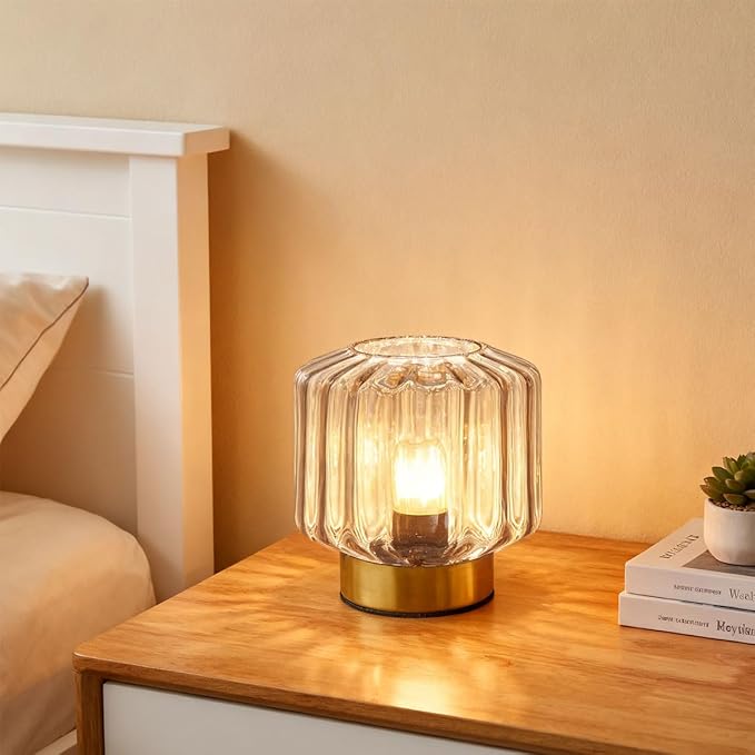 Mid Century Table lamp of 2 Small Table Lamps with Touch Switch Amber Glass Table lamp Gold Desk lamp Modern nightstand lamp Bedside Table Lamps for Bedroom Living Room Office