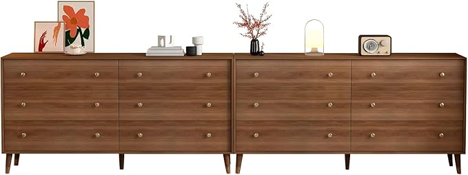 6 Drawer Dresser For Bedroom, 2PCS 55 Inch Dresser for Closet, Mid Century Walnut Dressers with Natural Texture & Pre-Embedded Slots for TV Stand, Living Room, Hallway, Office,Easy to Assembly
