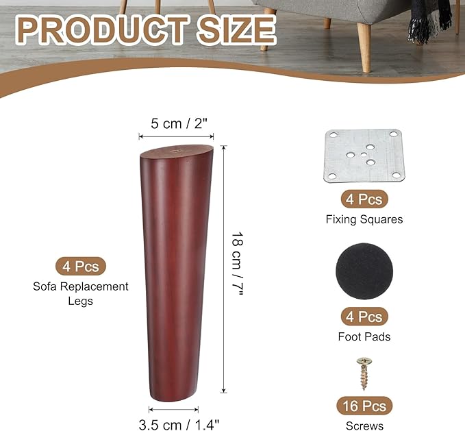 PATIKIL Wood Furniture Legs, 4Pcs 7" Tapered Replacement Sofa Leg for Chair Couch Bed Coffee Table Dresser, Red Walnut