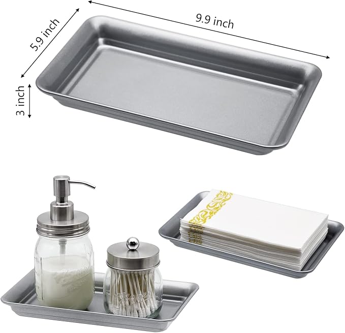 SheeChung Metal Vanity Tray, Guest Hand Towel Storage Tray, Farmhouse Countertop Organizer Decor, Sturdy Vintage Holder for Perfume, Cosmetics, Jewelry, Makeup, Bathroom- Grey