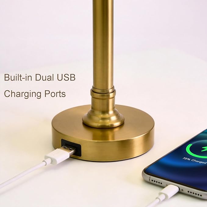 Oneach 19.5" Gold Table Lamp Set of 2, Small Bedside Table Lamps with White Linen Shade, Pull Chain Switch, USB A+C Charging Ports, Modern Nightstand Lamp for Living Room, Bedroom, Nursery