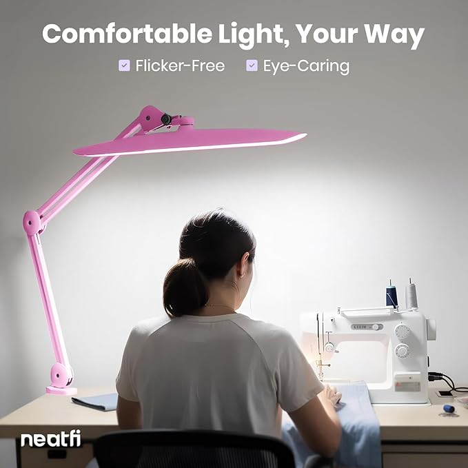 Neatfi XL Nail Desk Lamp with Clamp, 2200 Lumens, 20-Inch Wide Head, Dimmable 4 Levels, 3 Color Modes 3000K–6000K, LED Task Light for Manicure Table, Crafts, Workbench, Office (CCT, Pink)