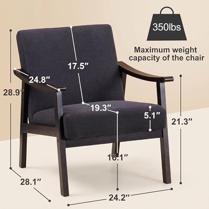 Mid-Century Modern Accent Chair, Upholstered Arm Chair Solid Wood Frame for Lounge, Living Room, Reading Room, Bedroom (Antique Black)