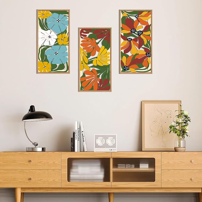 IARTTOP Boho Floral Wood Wall Art Framed 8x16 Inch Set of 3 Minimalist Botanical Plant Wooden Wall Decor Colorful Mid-century Modern Flower Artwork for Living room Bedroom Office