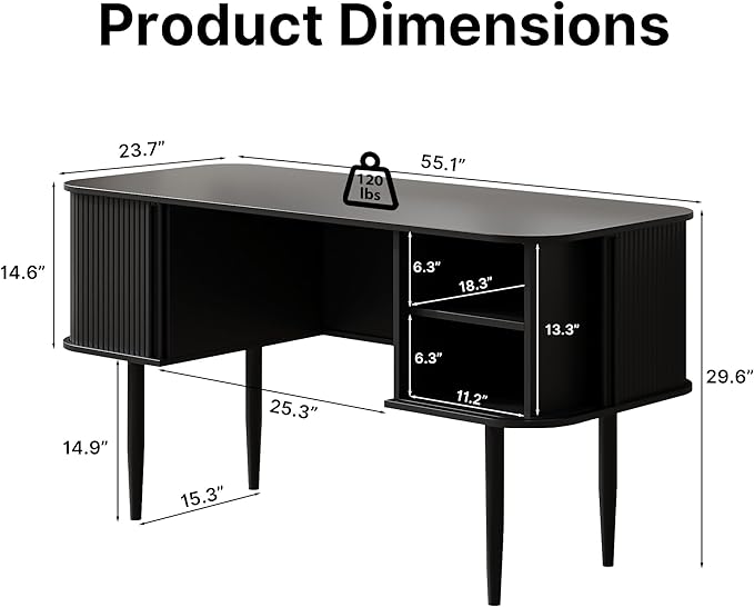MAISONARIA 55" Modern Writing Desk with Storage, Wood Home Office Desk with Sliding Doors, Computer Desk for Home Office, Dorm, Living Room, Home Study Table, Black