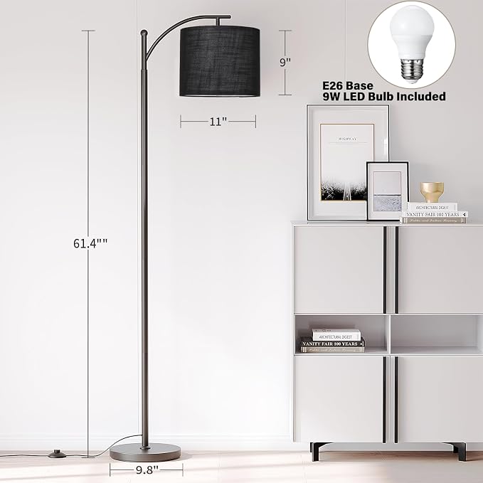 SUNMORY Arc Floor Lamp, Modern Floor Lamp with 9W 3 Color Temperatures Bulb, Metal Standing Lamps with Adjustable Hanging Lampshade, Tall Floor Lamps for Living Room, Bedroom, Office